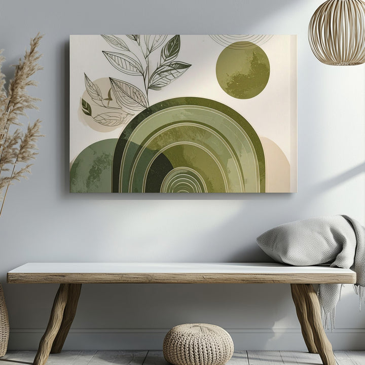 Modern Botanical Arch Canvas – Olive Green Lines & Minimal Leaf Drawing - Gifitto