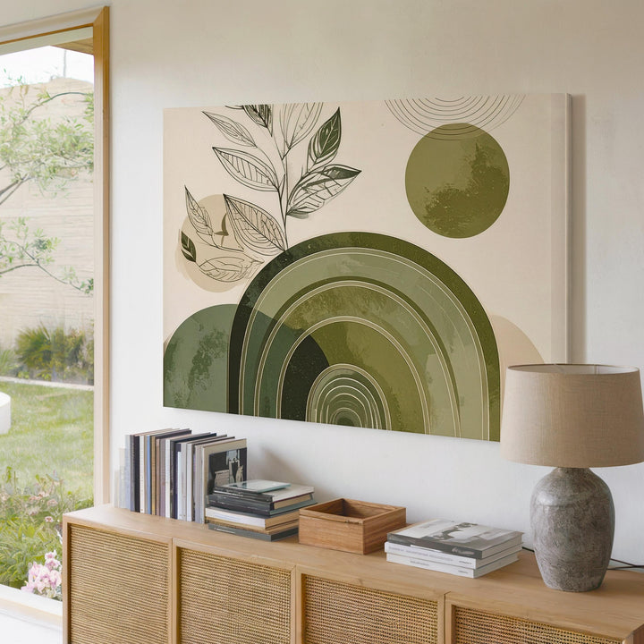 Modern Botanical Arch Canvas – Olive Green Lines & Minimal Leaf Drawing - Gifitto