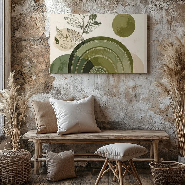Modern Botanical Arch Canvas – Olive Green Lines & Minimal Leaf Drawing - Gifitto