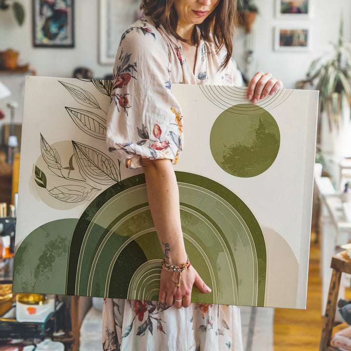 Modern Botanical Arch Canvas – Olive Green Lines & Minimal Leaf Drawing - Gifitto