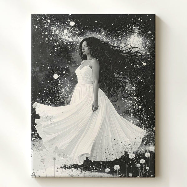 Ethereal Snowfall Canvas – Monochrome Woman in Flowing Dress Wall Art - Gifitto