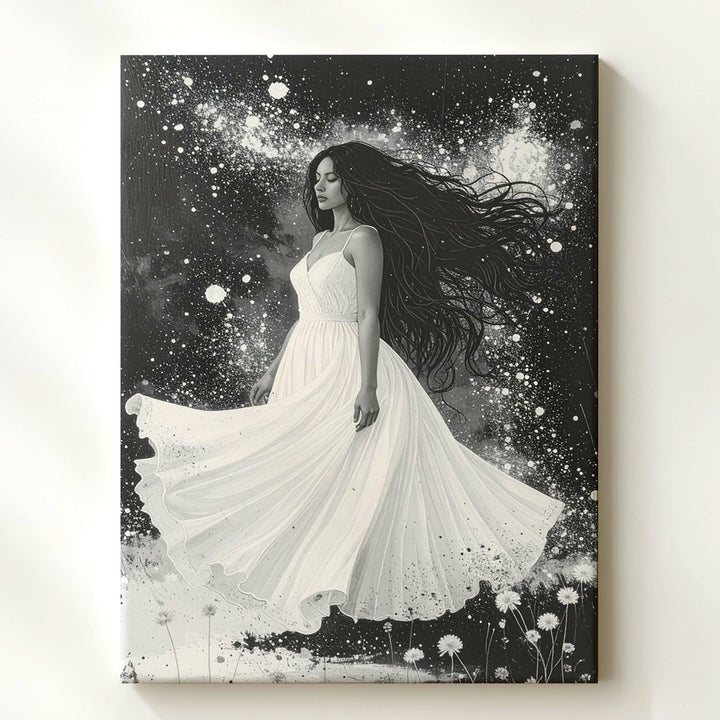 Ethereal Snowfall Canvas – Monochrome Woman in Flowing Dress Wall Art - Gifitto