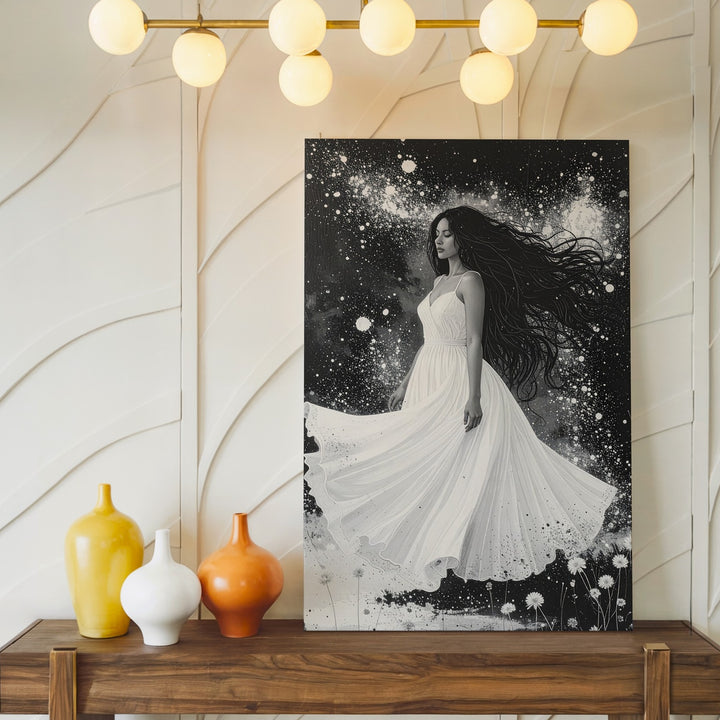Ethereal Snowfall Canvas – Monochrome Woman in Flowing Dress Wall Art - Gifitto