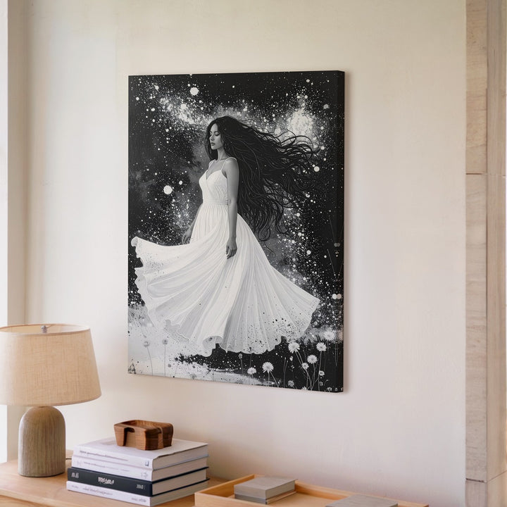 Ethereal Snowfall Canvas – Monochrome Woman in Flowing Dress Wall Art - Gifitto