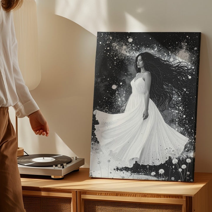 Ethereal Snowfall Canvas – Monochrome Woman in Flowing Dress Wall Art - Gifitto