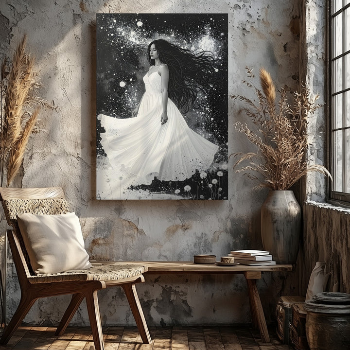 Ethereal Snowfall Canvas – Monochrome Woman in Flowing Dress Wall Art - Gifitto