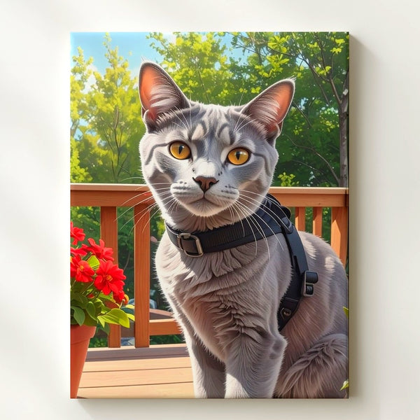 Curious Gray Cat on Deck Canvas – Realistic Outdoor Portrait with Harness - Gifitto