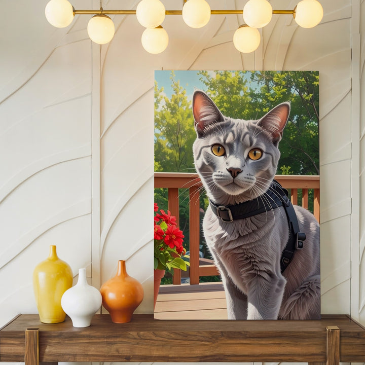 Curious Gray Cat on Deck Canvas – Realistic Outdoor Portrait with Harness - Gifitto
