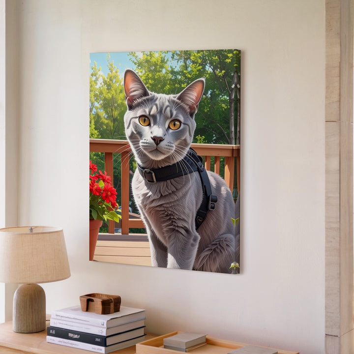 Curious Gray Cat on Deck Canvas – Realistic Outdoor Portrait with Harness - Gifitto