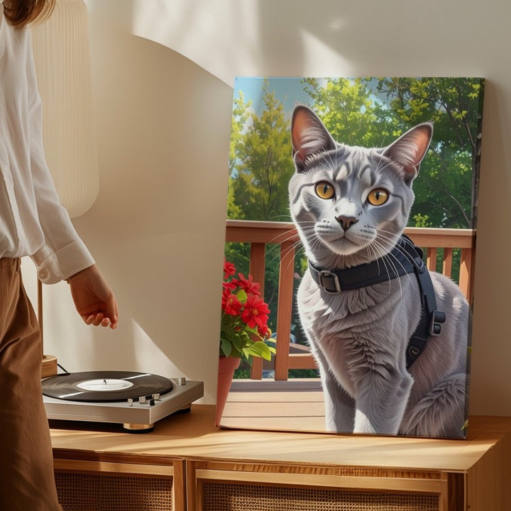 Curious Gray Cat on Deck Canvas – Realistic Outdoor Portrait with Harness - Gifitto