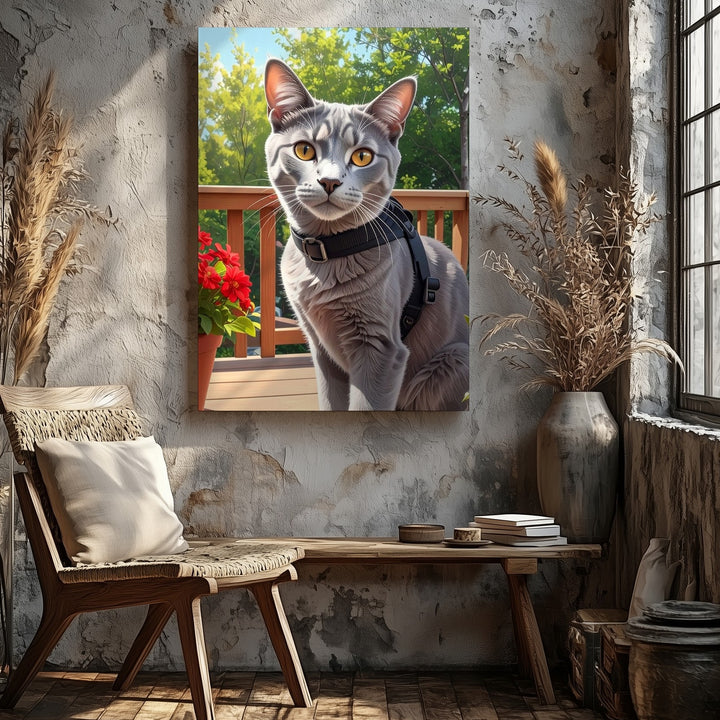 Curious Gray Cat on Deck Canvas – Realistic Outdoor Portrait with Harness - Gifitto