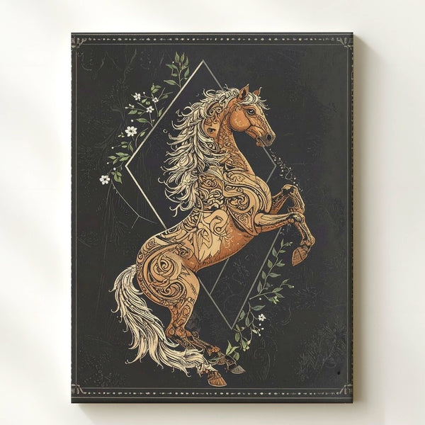 Tribal Spirit Horse Canvas – Ornamental Rearing Horse on Dark Background - Gifitto
