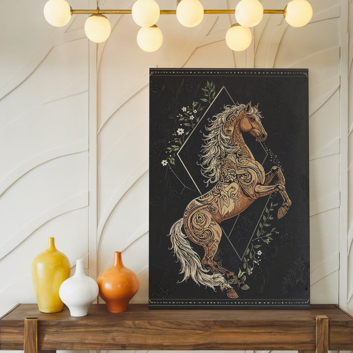 Tribal Spirit Horse Canvas – Ornamental Rearing Horse on Dark Background - Gifitto