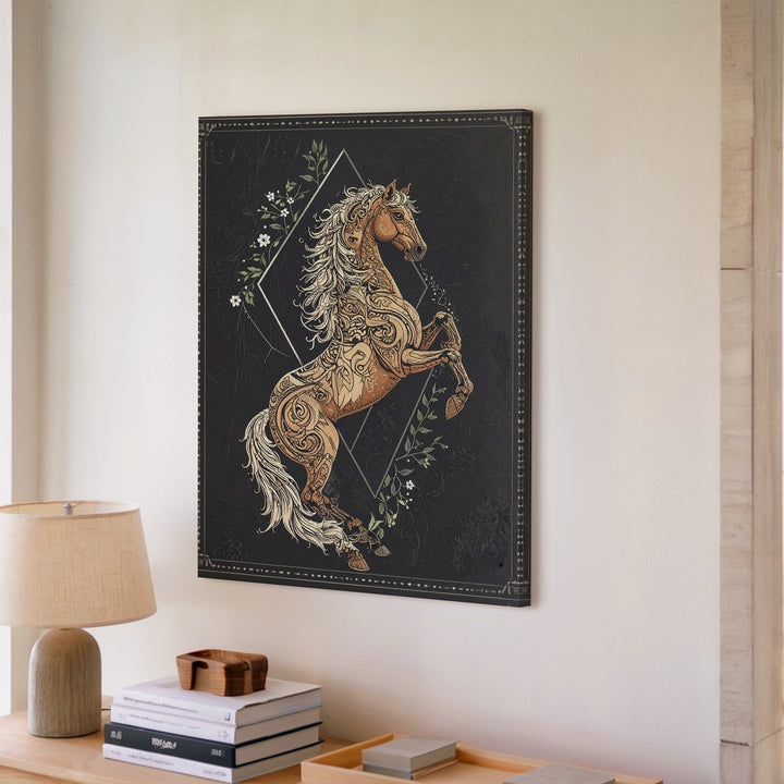 Tribal Spirit Horse Canvas – Ornamental Rearing Horse on Dark Background - Gifitto
