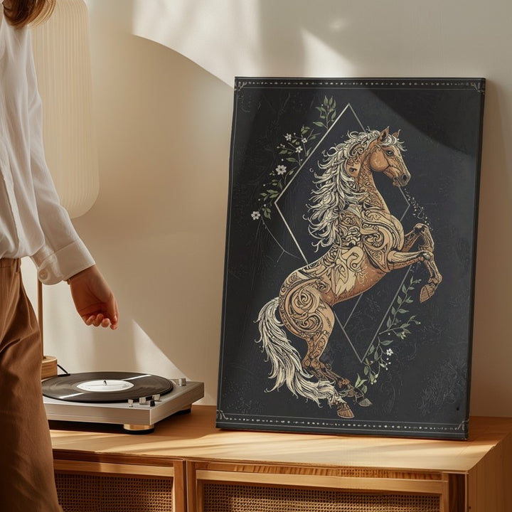 Tribal Spirit Horse Canvas – Ornamental Rearing Horse on Dark Background - Gifitto