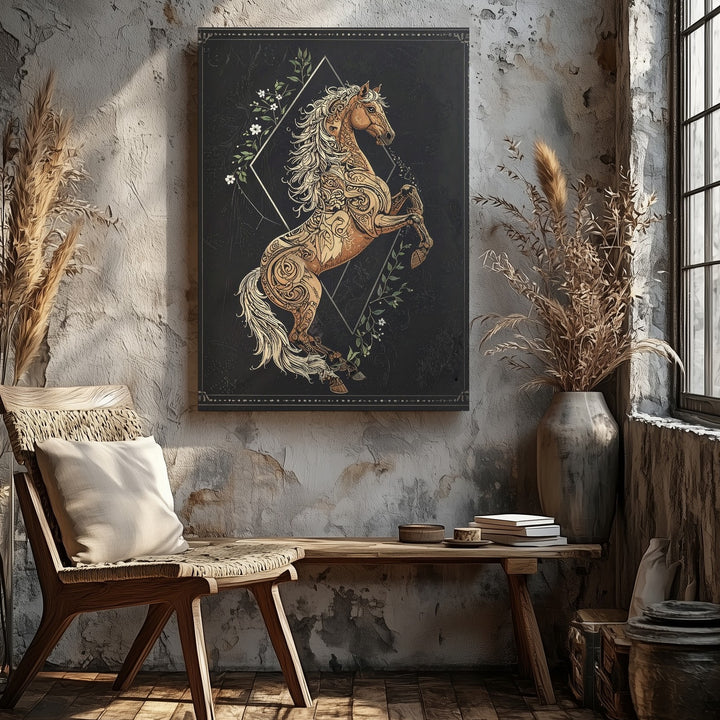 Tribal Spirit Horse Canvas – Ornamental Rearing Horse on Dark Background - Gifitto