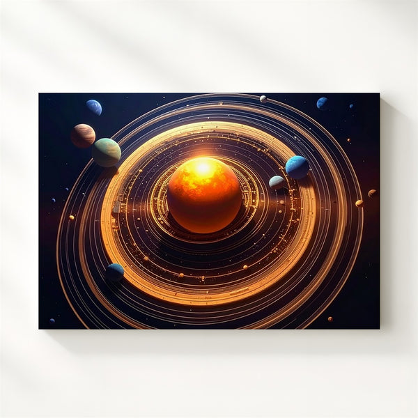 Engineered Cosmos Canvas – Futuristic Solar System with Golden Orbital Geometry - Gifitto