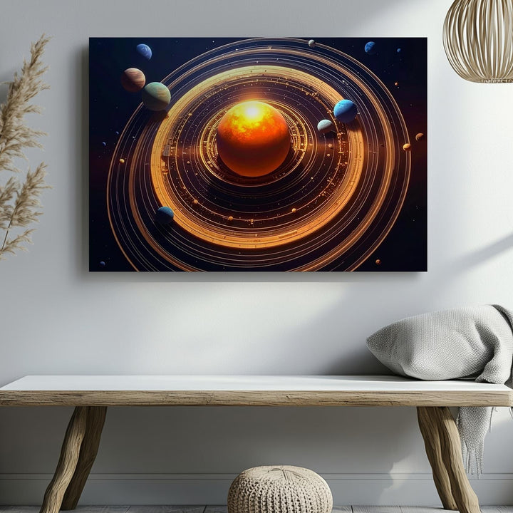 Engineered Cosmos Canvas – Futuristic Solar System with Golden Orbital Geometry - Gifitto