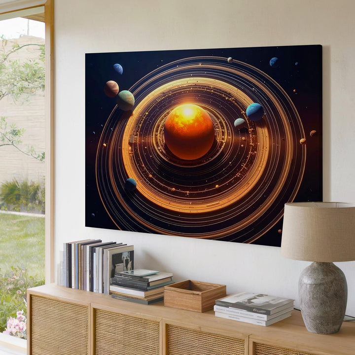 Engineered Cosmos Canvas – Futuristic Solar System with Golden Orbital Geometry - Gifitto