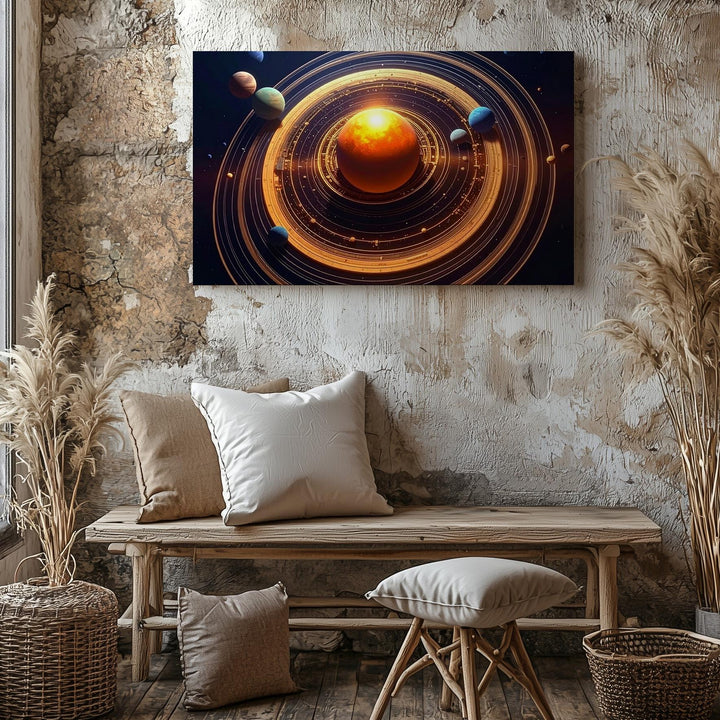 Engineered Cosmos Canvas – Futuristic Solar System with Golden Orbital Geometry - Gifitto