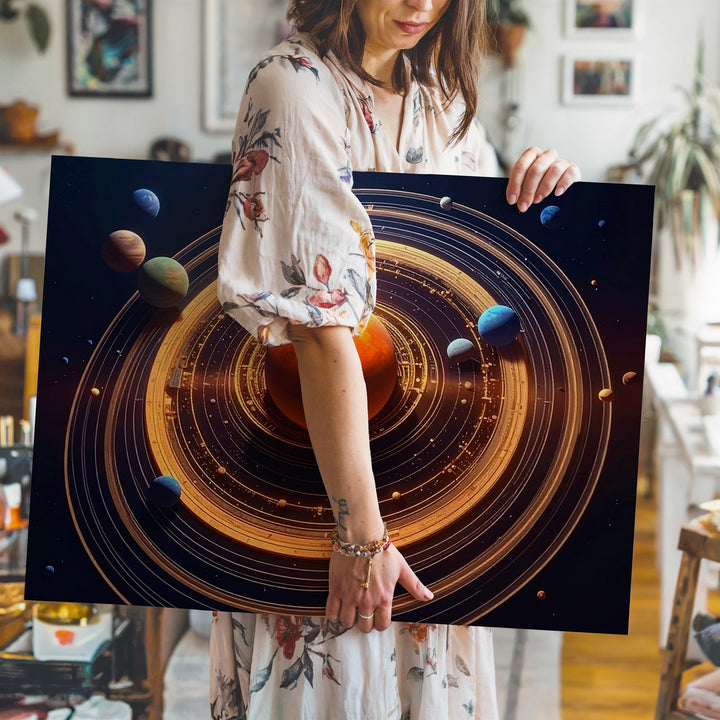 Engineered Cosmos Canvas – Futuristic Solar System with Golden Orbital Geometry - Gifitto