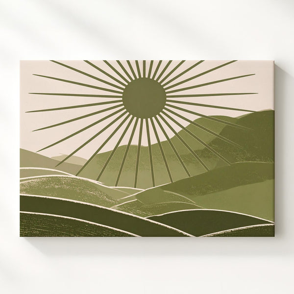 Sunburst Hills Canvas – Abstract Green Landscape with Radiant Geometry - Gifitto