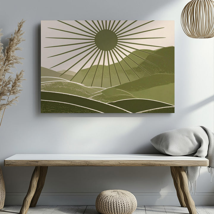 Sunburst Hills Canvas – Abstract Green Landscape with Radiant Geometry - Gifitto