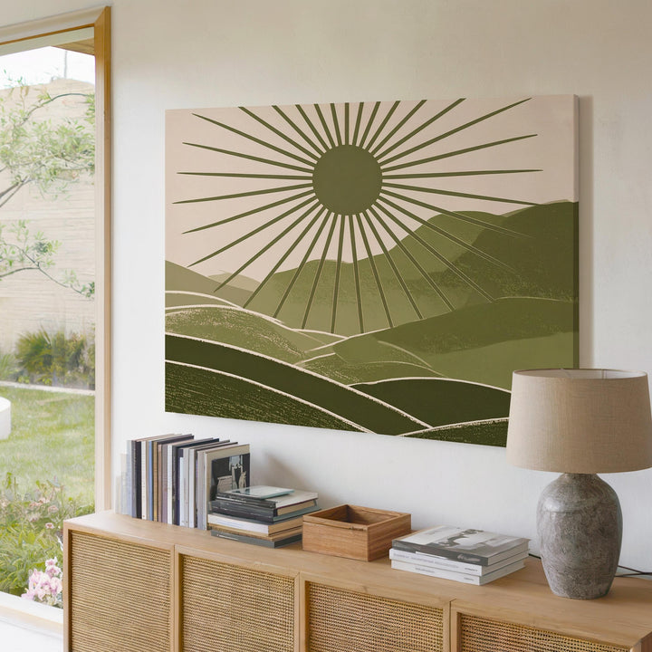 Sunburst Hills Canvas – Abstract Green Landscape with Radiant Geometry - Gifitto