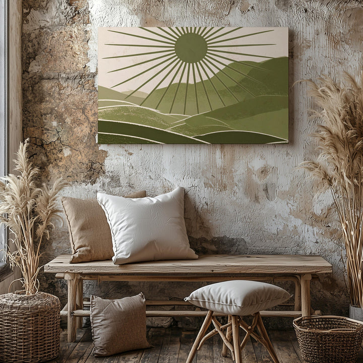 Sunburst Hills Canvas – Abstract Green Landscape with Radiant Geometry - Gifitto