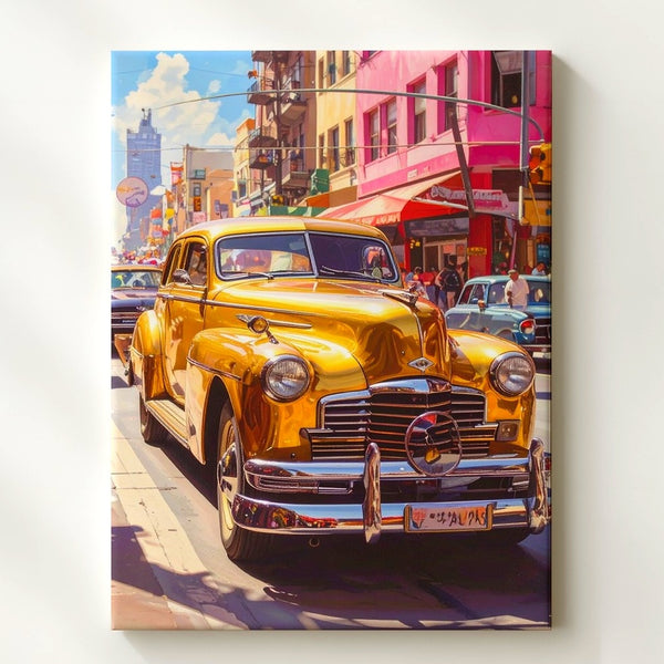 Golden Chevy City Canvas – 1940s Vintage Car in Urban Street Scene - Gifitto