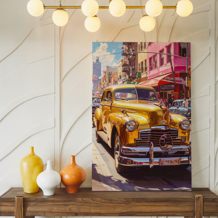 Golden Chevy City Canvas – 1940s Vintage Car in Urban Street Scene - Gifitto
