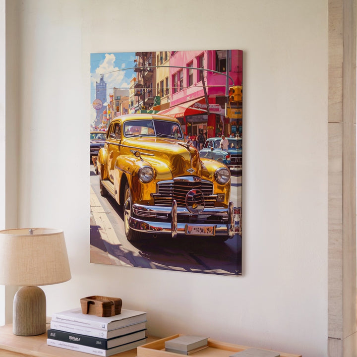 Golden Chevy City Canvas – 1940s Vintage Car in Urban Street Scene - Gifitto