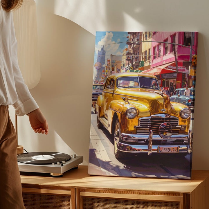 Golden Chevy City Canvas – 1940s Vintage Car in Urban Street Scene - Gifitto