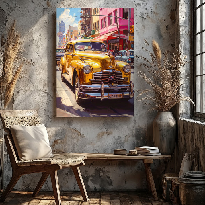 Golden Chevy City Canvas – 1940s Vintage Car in Urban Street Scene - Gifitto
