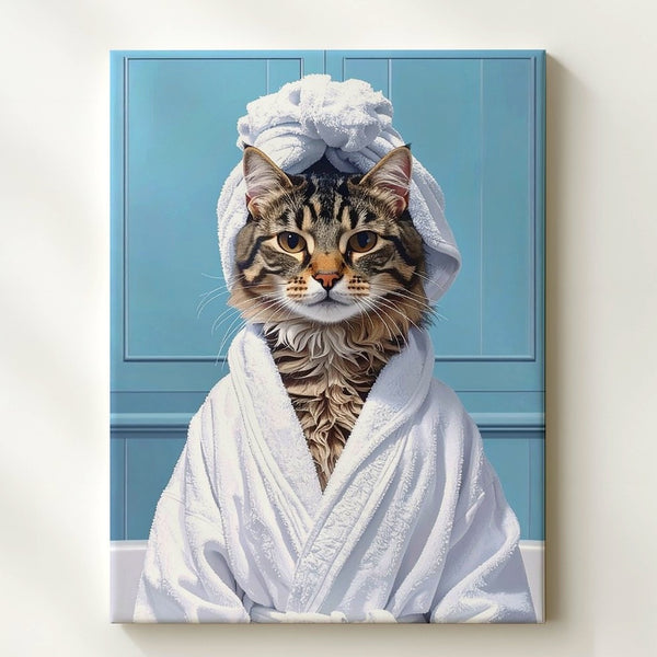 Spa Day Cat Canvas – Funny Tabby in Bathrobe & Towel Wall Art - Gifitto