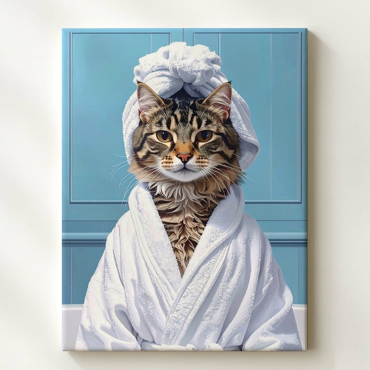 Spa Day Cat Canvas – Funny Tabby in Bathrobe & Towel Wall Art - Gifitto