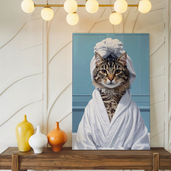 Spa Day Cat Canvas – Funny Tabby in Bathrobe & Towel Wall Art - Gifitto