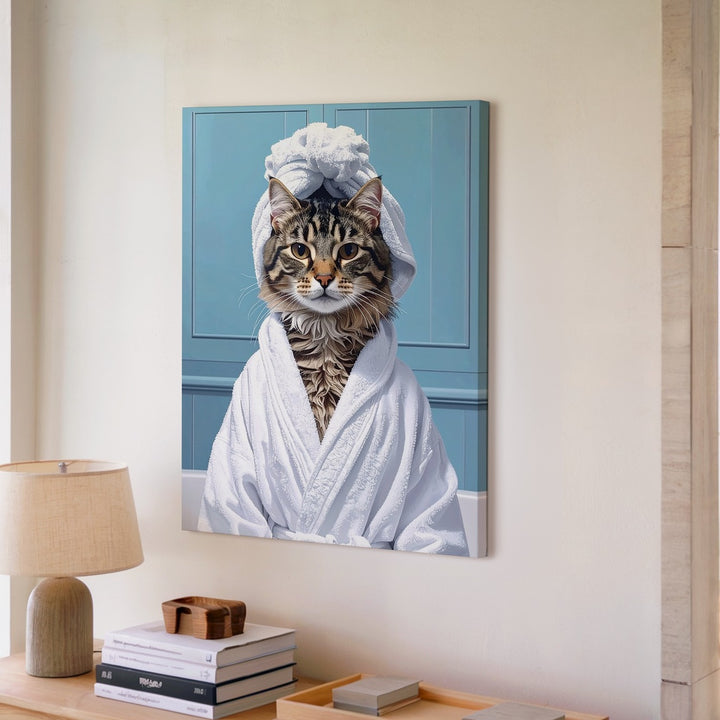 Spa Day Cat Canvas – Funny Tabby in Bathrobe & Towel Wall Art - Gifitto