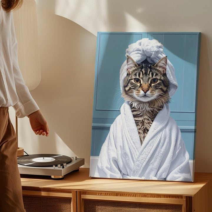 Spa Day Cat Canvas – Funny Tabby in Bathrobe & Towel Wall Art - Gifitto