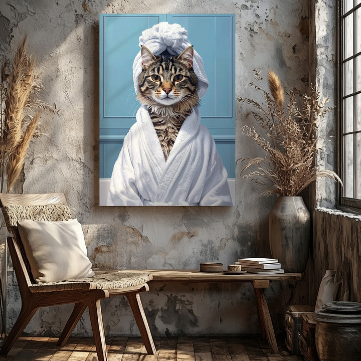 Spa Day Cat Canvas – Funny Tabby in Bathrobe & Towel Wall Art - Gifitto