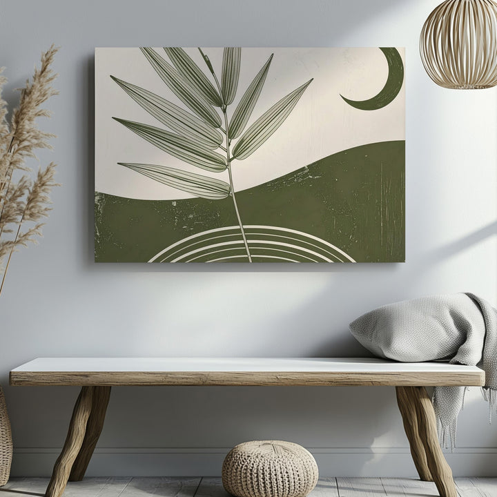 Moonrise Botanical Arch Canvas – Minimalist Green Nature & Crescent Design - Gifitto