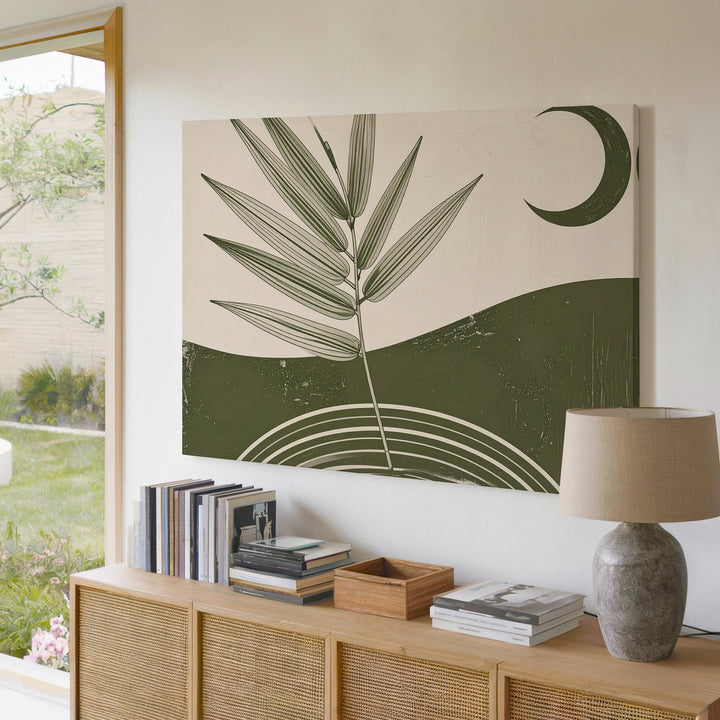 Moonrise Botanical Arch Canvas – Minimalist Green Nature & Crescent Design - Gifitto