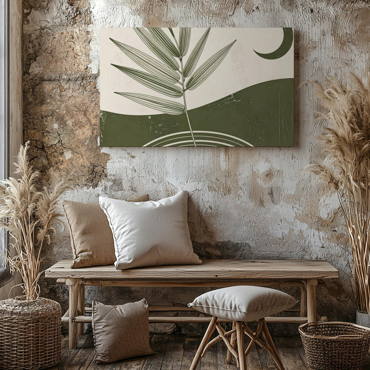 Moonrise Botanical Arch Canvas – Minimalist Green Nature & Crescent Design - Gifitto