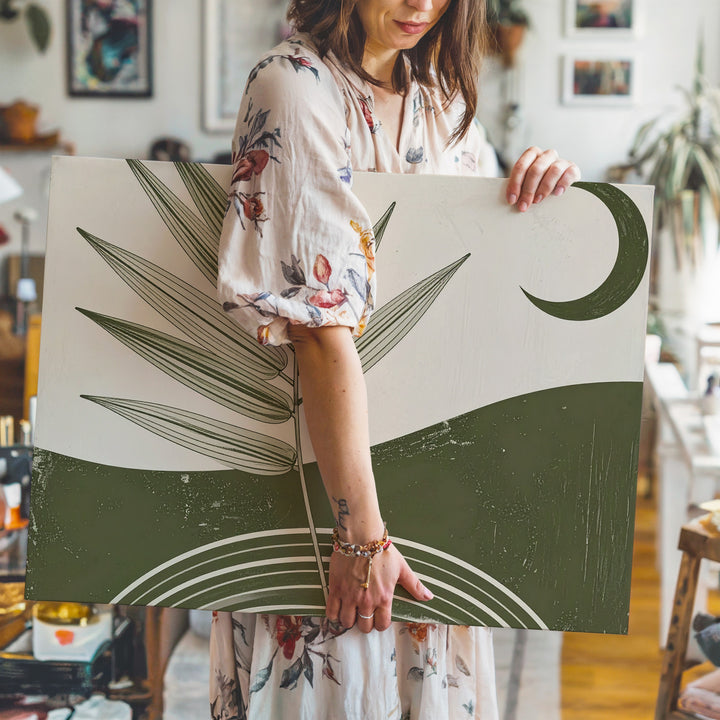 Moonrise Botanical Arch Canvas – Minimalist Green Nature & Crescent Design - Gifitto