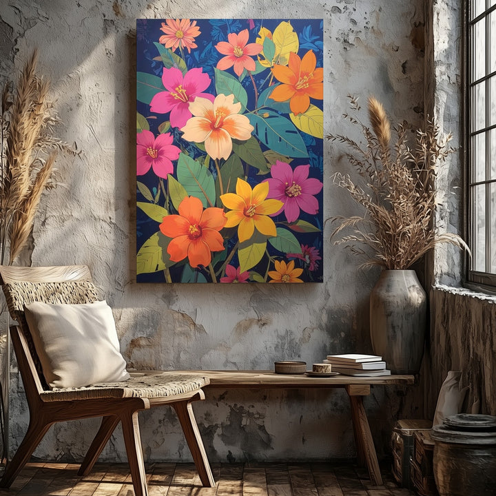 Neon Tropical Floral Canvas – Vibrant Botanical Art - Gifitto