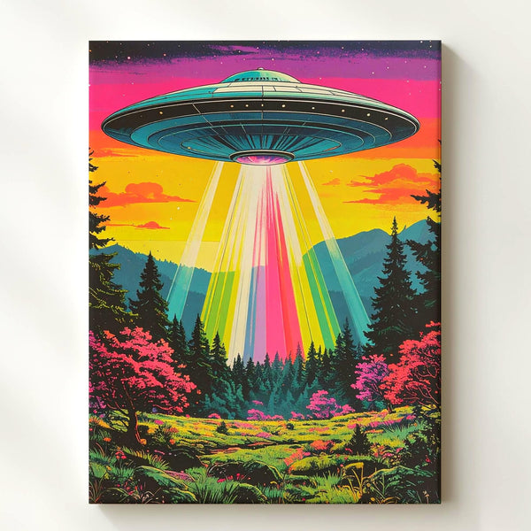 Psychedelic UFO Encounter Canvas – Neon Lights & Surreal Forest Art - Gifitto