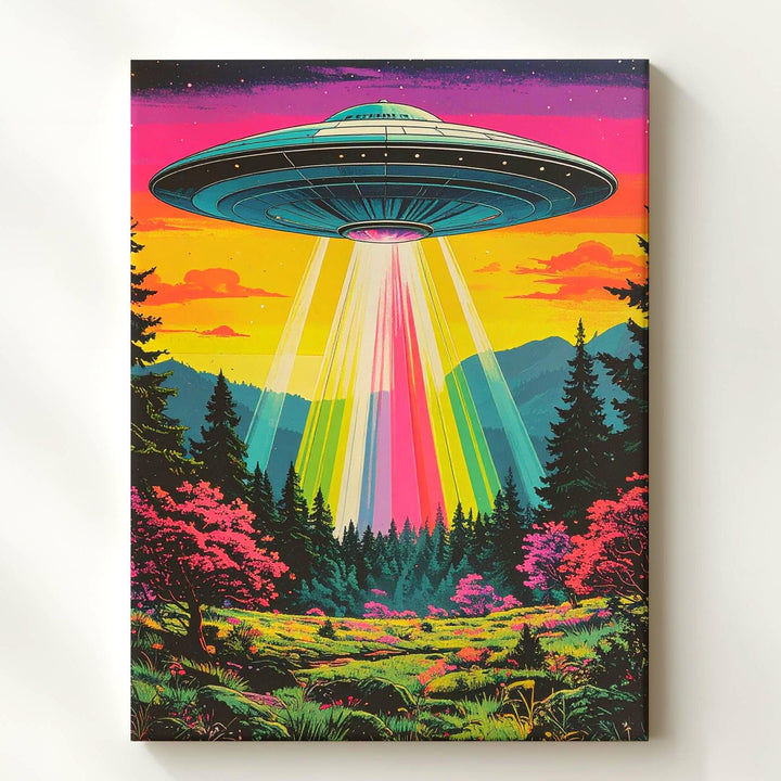 Psychedelic UFO Encounter Canvas – Neon Lights & Surreal Forest Art - Gifitto