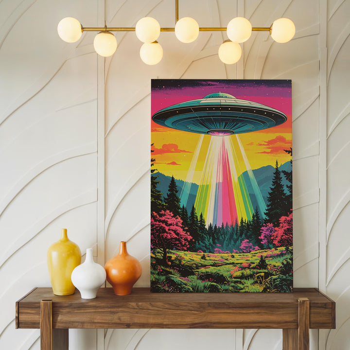 Psychedelic UFO Encounter Canvas – Neon Lights & Surreal Forest Art - Gifitto
