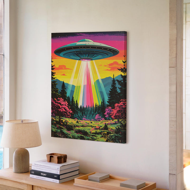 Psychedelic UFO Encounter Canvas – Neon Lights & Surreal Forest Art - Gifitto