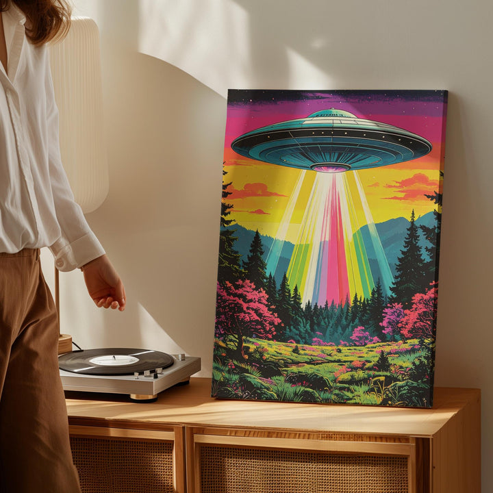 Psychedelic UFO Encounter Canvas – Neon Lights & Surreal Forest Art - Gifitto